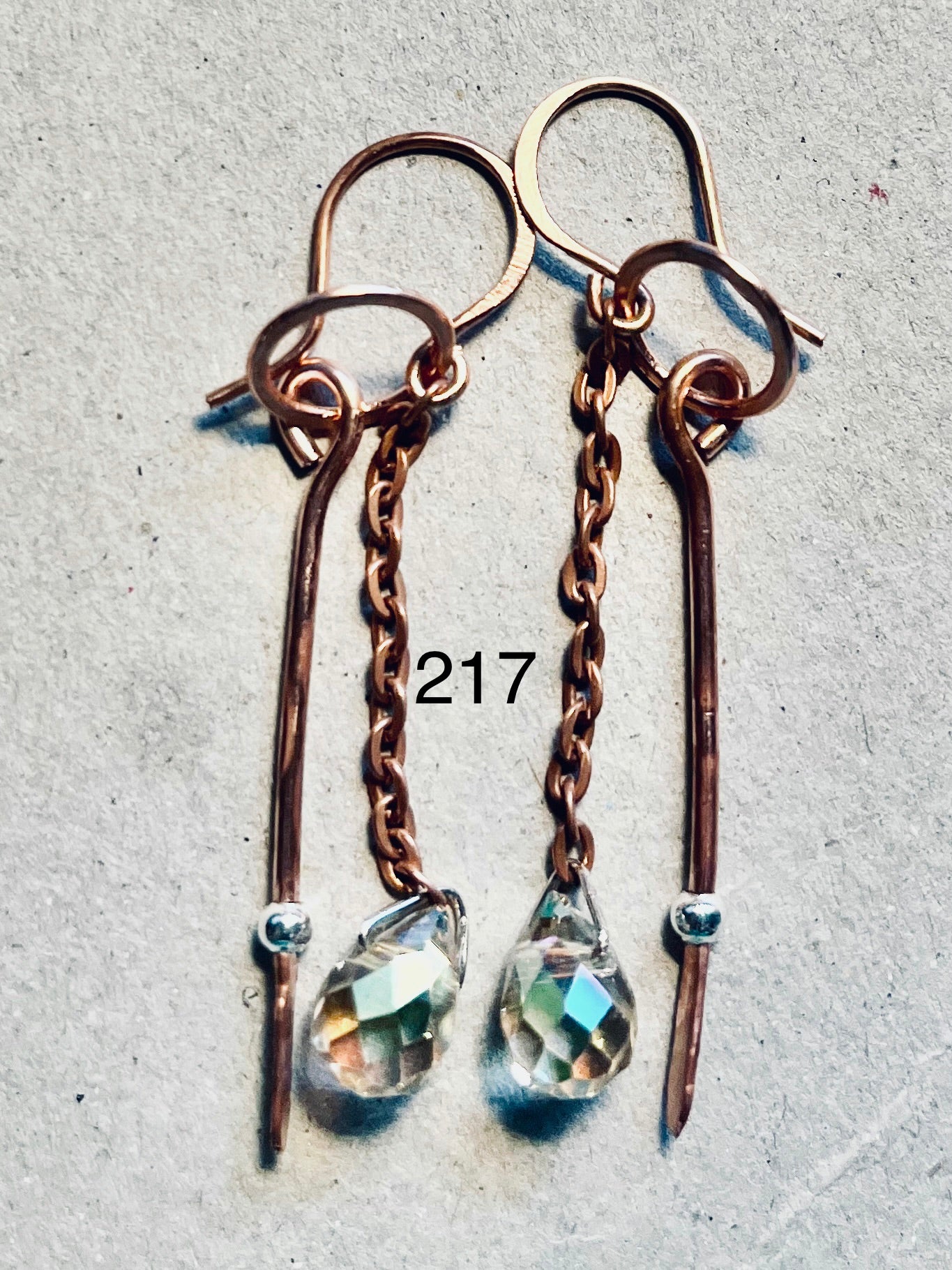 Hammered Copper Chain Dangle Earrings with Yellow Crystal