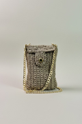Beige Crocheted Cellphone Purse with 47" Gold Chain