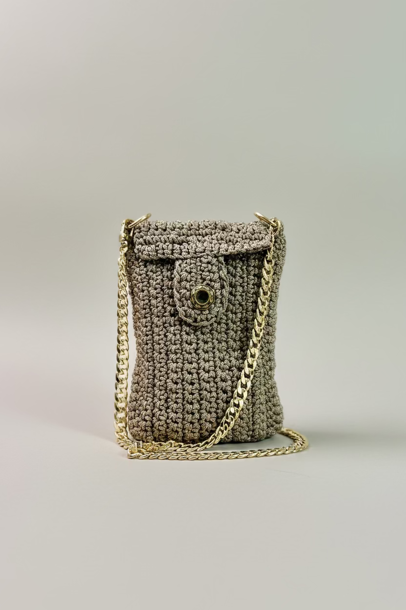 Beige Crocheted Cellphone Purse with 47" Gold Chain
