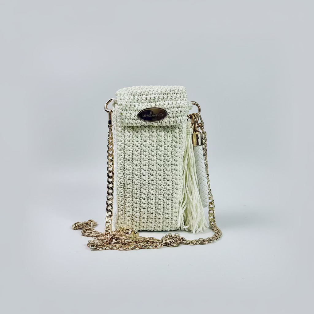 White Crocheted Cellphone Purse with Tassel, Wrist Handle & 47" Chain
