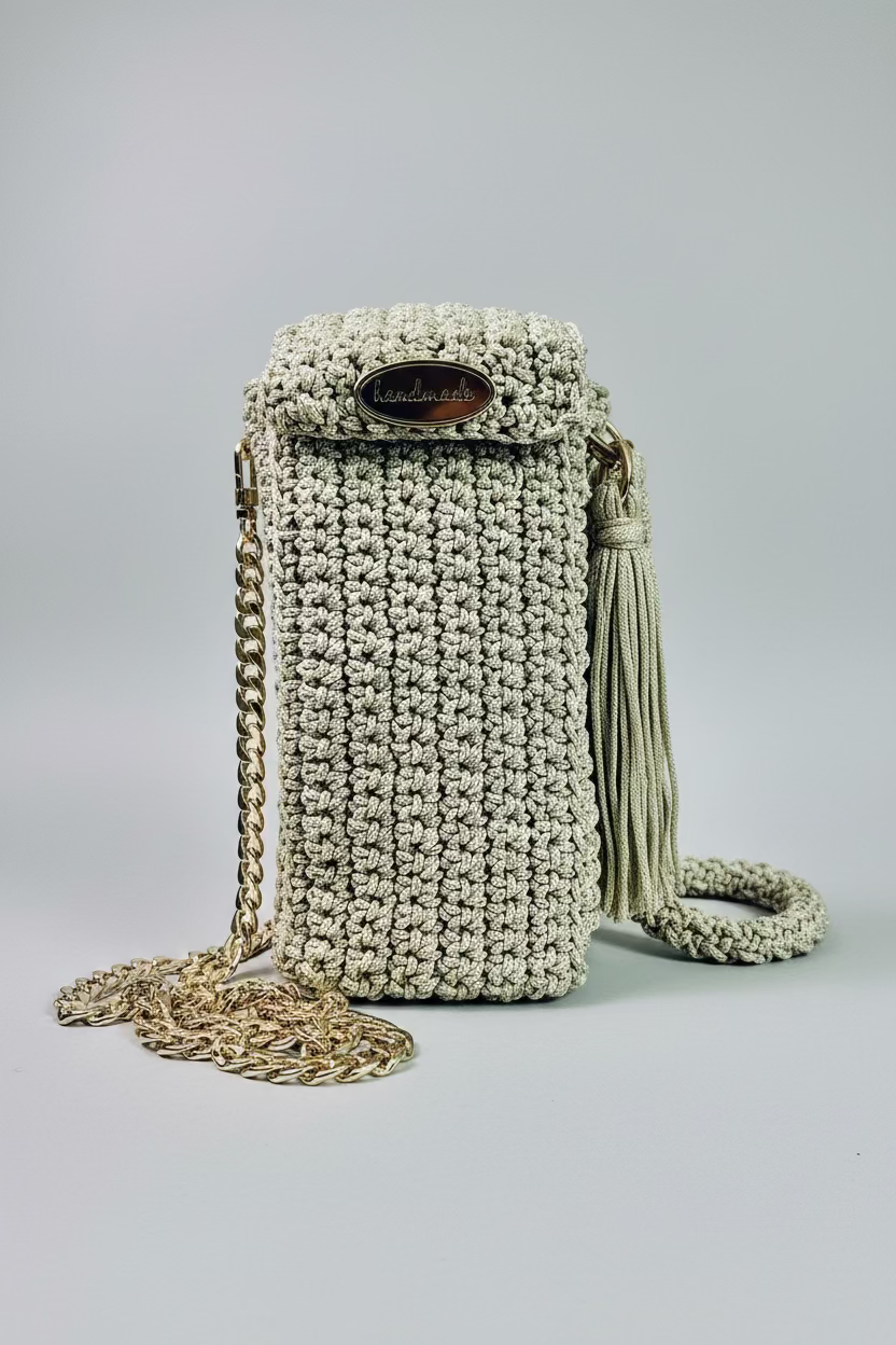 Beige Crocheted Lined Cellphone Purse with Wrist Handle & 47" Gold Chain