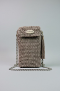 Beige Lined Crocheted Cellphone Purse with Tassel & 47" Gold Chain