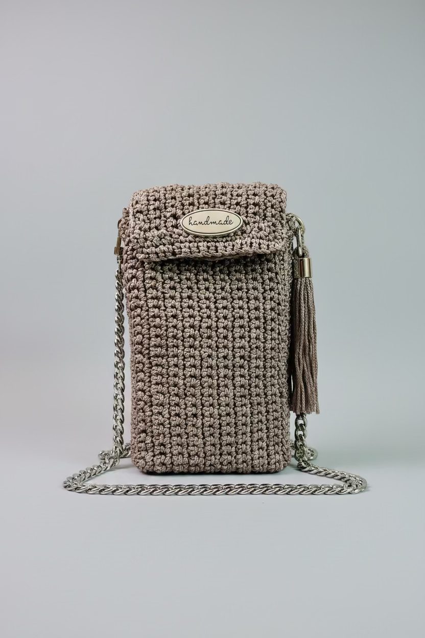 Beige Lined Crocheted Cellphone Purse with Tassel & 47" Gold Chain