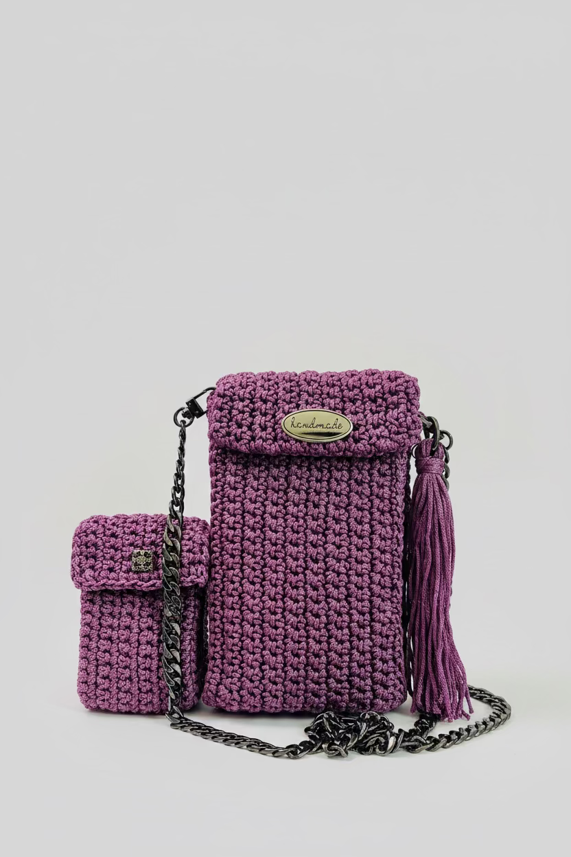 Mauve Crocheted Cellphone Purse with Card Holder, Tassel & 47" Black Chain