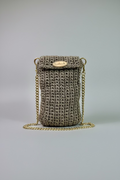 Beige Unlined Crocheted Cellphone Purse with 47" Gold Chain