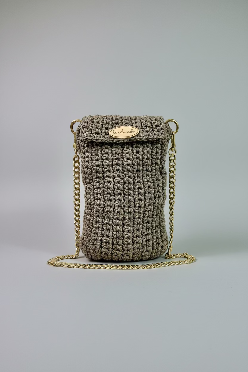 Beige Unlined Crocheted Cellphone Purse with 47" Gold Chain