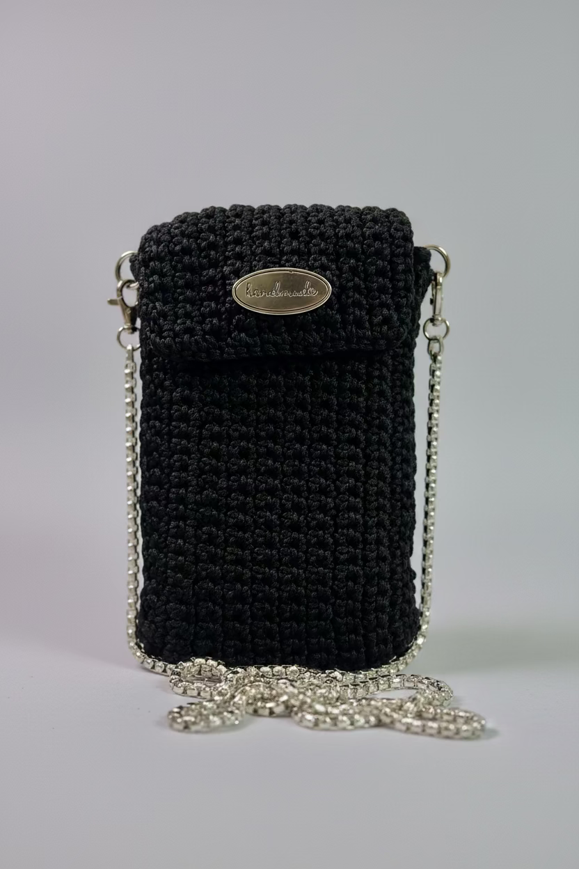 Black Crocheted Lined Cellphone Purse with 47" Silver Chain