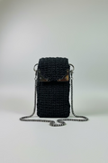 Black Shiny Speckled Crocheted Cellphone Purse with Corner Brackets & 47" Silver Chain