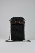 Black Shiny Speckled Crocheted Lined Cellphone Purse with Corner Brackets & 47" Silver Chain