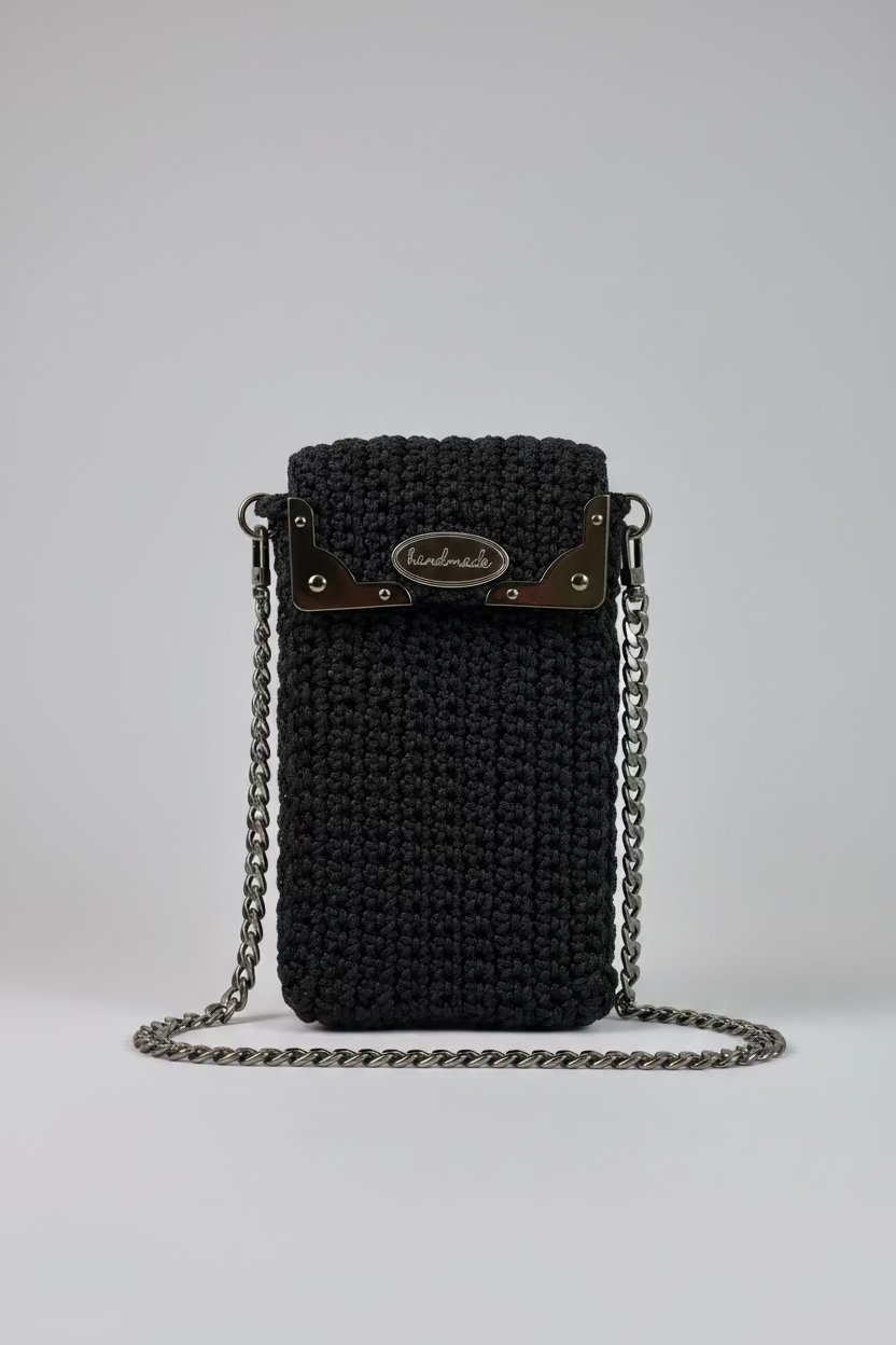 Black Shiny Speckled Crocheted Lined Cellphone Purse with Corner Brackets & 47" Silver Chain