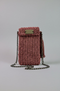 Rust colored crocheted , black lined cellphone purse with 47" chain
