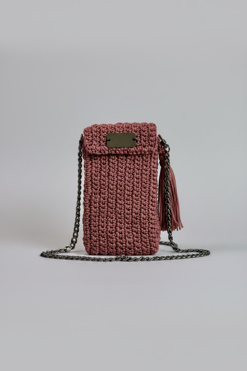 Rust Crocheted Cellphone Purse with Tassel & 47" Heavy Black Chain