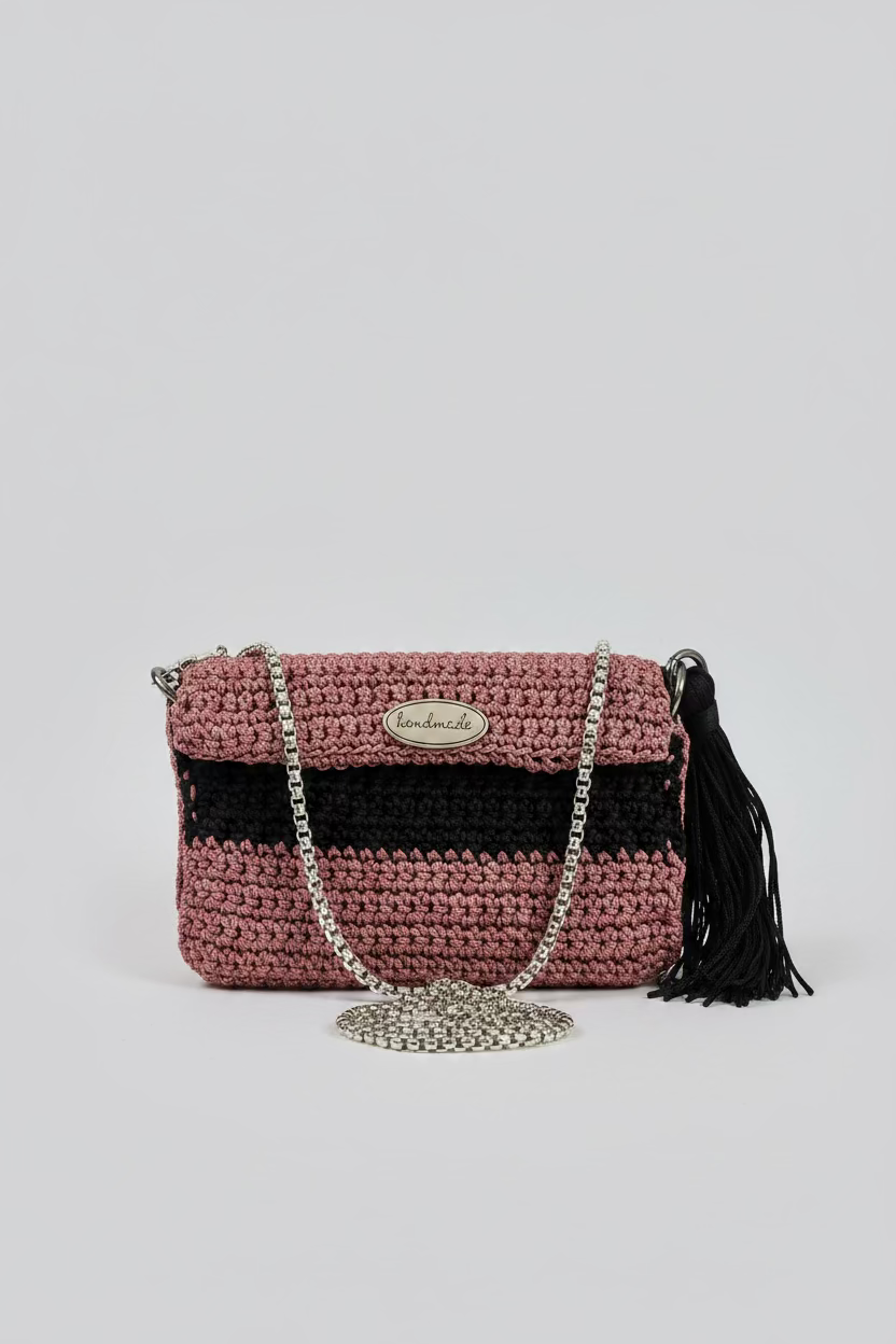 Mauve & Black Crocheted Cellphone Purse with Brown Lining, Tassel & 47" Silver Chain