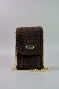 Chocolate Crocheted Brown-Lined Cellphone Purse with 47" Gold Chain