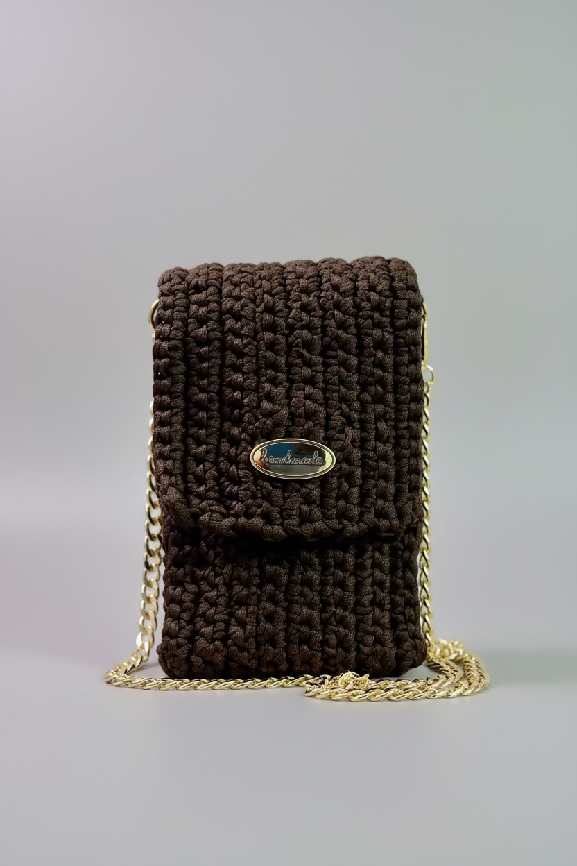 Chocolate Crocheted Brown-Lined Cellphone Purse with 47" Gold Chain