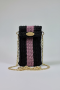Black & Mauve Crocheted Unlined Cellphone Purse with 47" Gold Chain