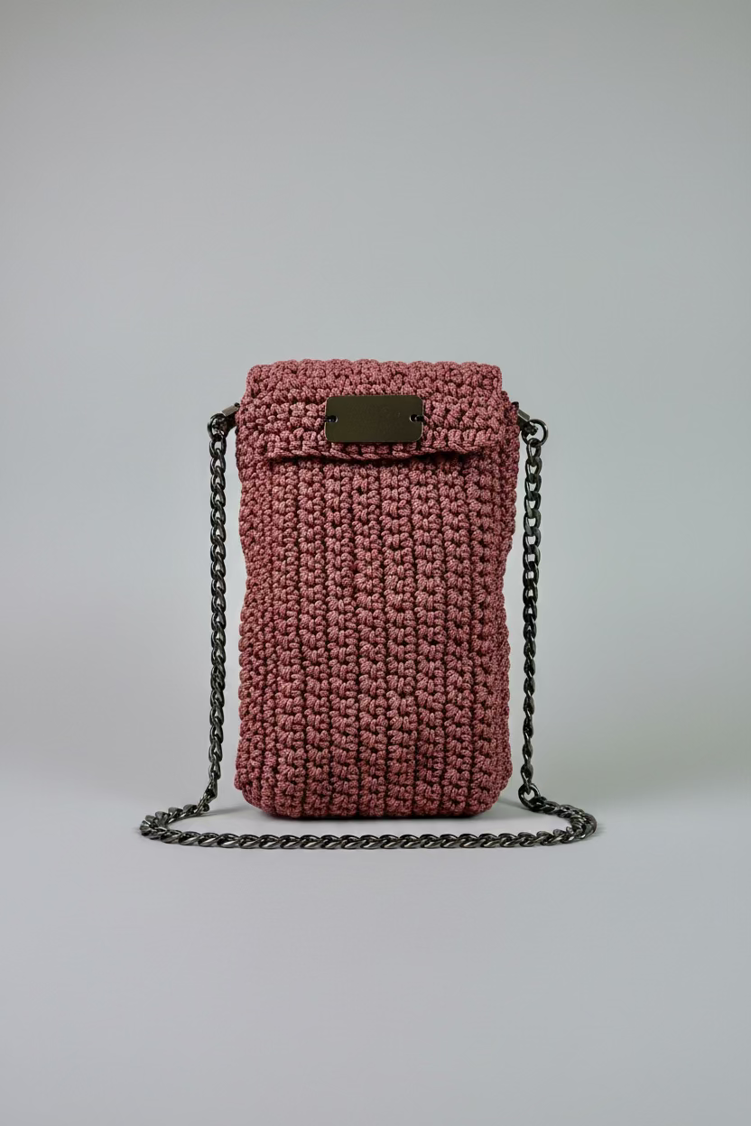 Rust Crocheted Unlined Cellphone Purse with 47" Black Chain