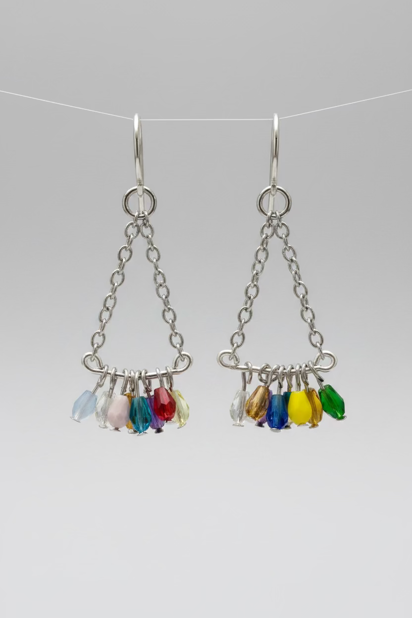 Silver Chain Dangle Earrings with Multi-Colored Glass Beads