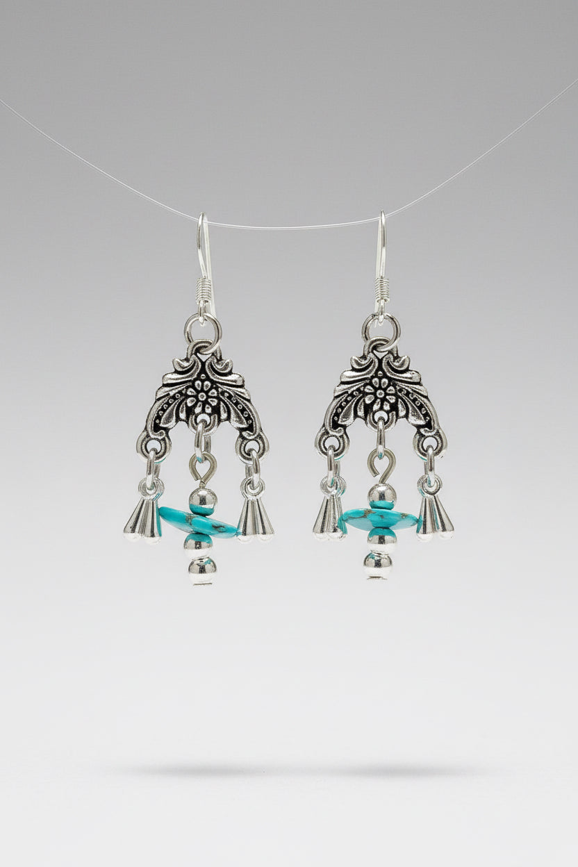 Antique silver Tibetan dangle earrings with turquoise beads