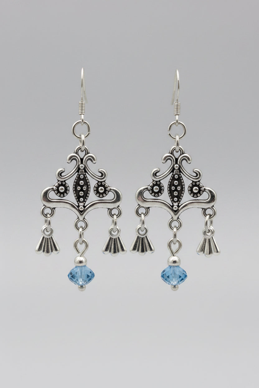 Antique Tibetan Silver & Blue Crystal Dangle Earrings