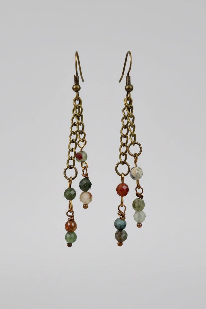 Bronze Chain Dangle Earrings with Bloodstone Beads