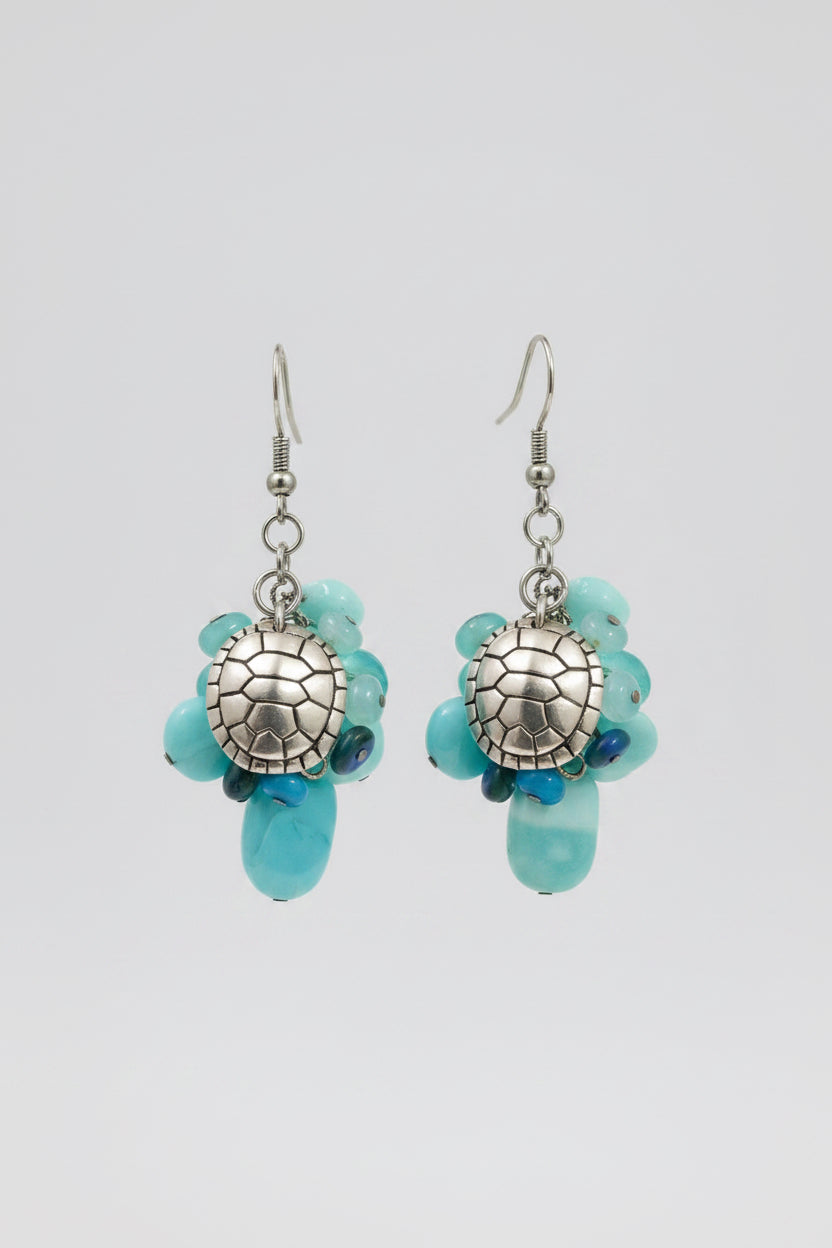 Aquamarine Silver Dangle Earrings with Turtle Charm