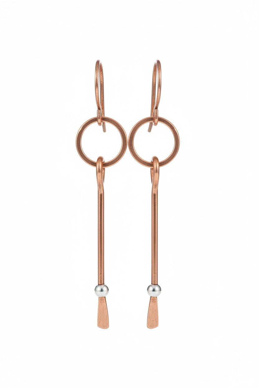 Copper Hammered Dangle Earrings with Silver Bead