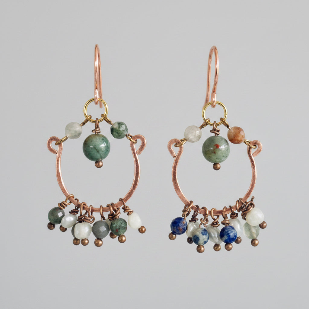 Hammered Copper Dangle Earrings with Bloodstone and Pearl Beads