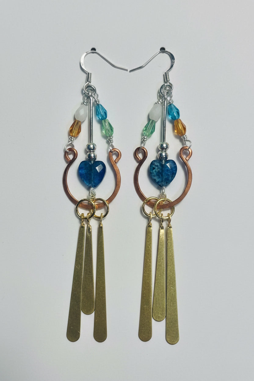 Mixed Metal Hammered Dangle Earrings with Blue Heart Accent