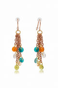 Copper Chain Dangle Earrings with Multi-Colored Round Glass Beads