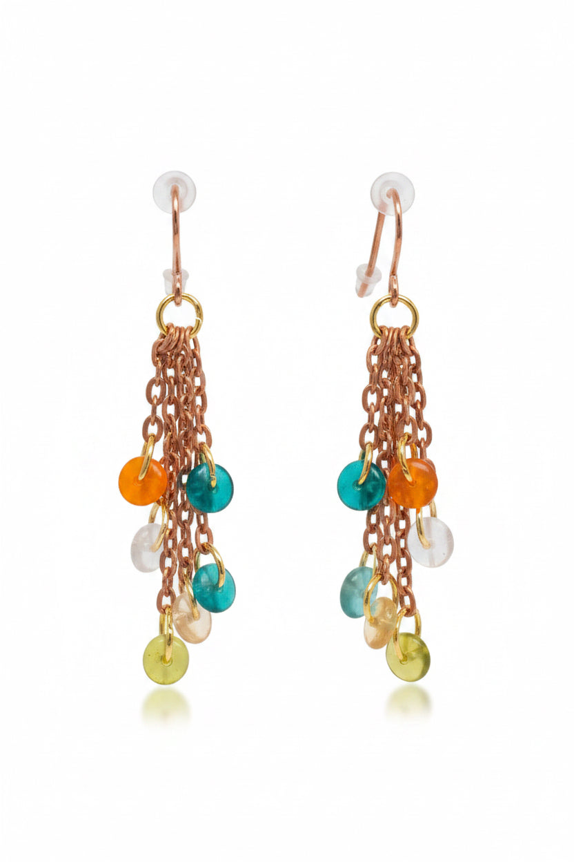 Copper Chain Dangle Earrings with Multi-Colored Round Glass Beads