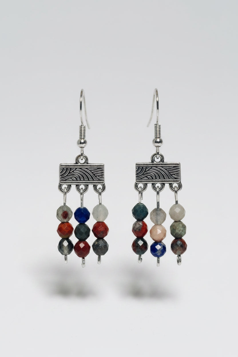 Silver Tibetan Charm Dangle Earrings with Bloodstone Beads