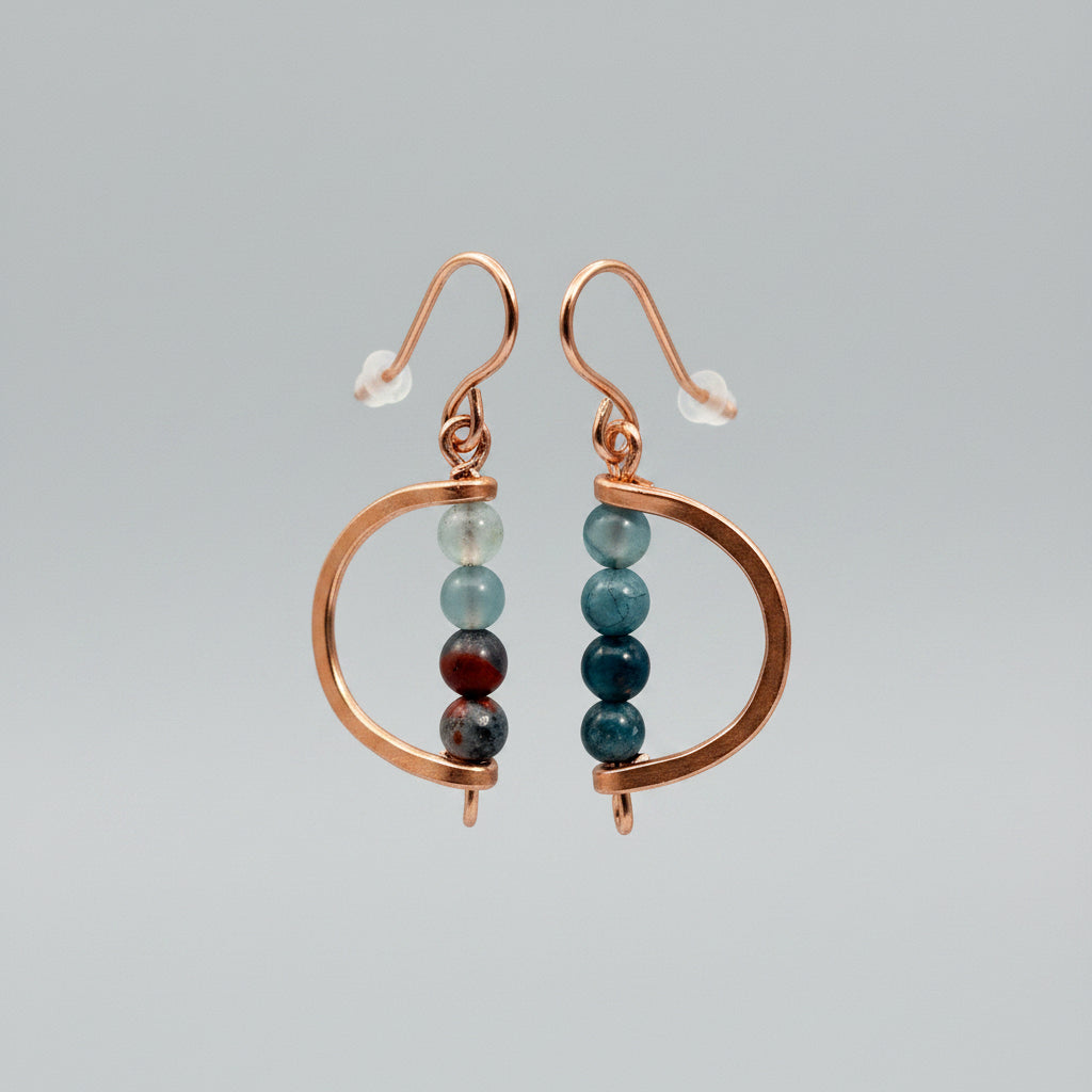 D-Shaped Hammered Copper Dangle Earrings with Bloodstone Beads