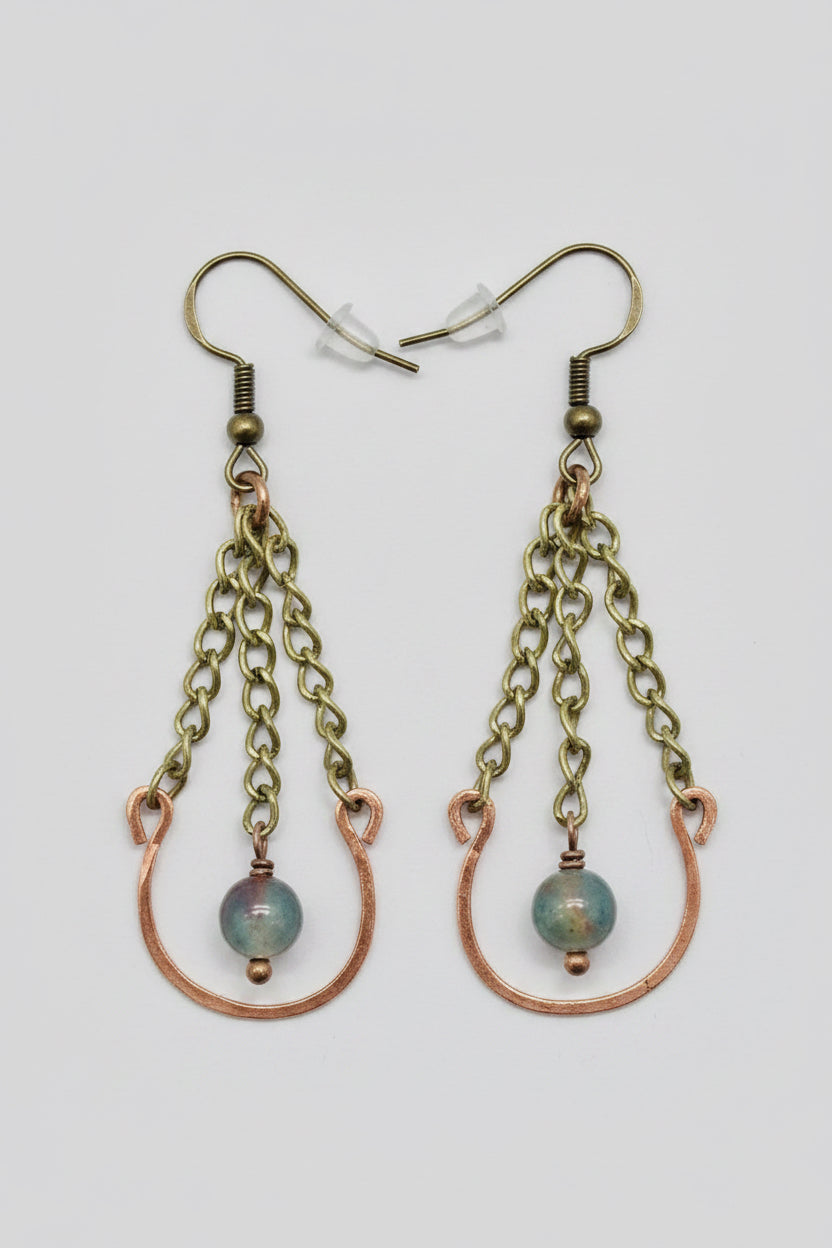 Hammered Copper Dangle Chain Earrings with African Bloodstone Beads