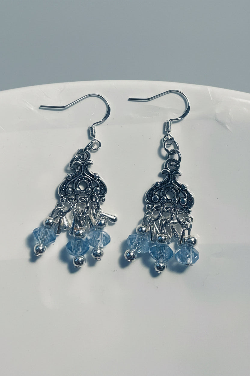 Silver Tibetan Charm Dangle Earrings with Blue Glass Beads