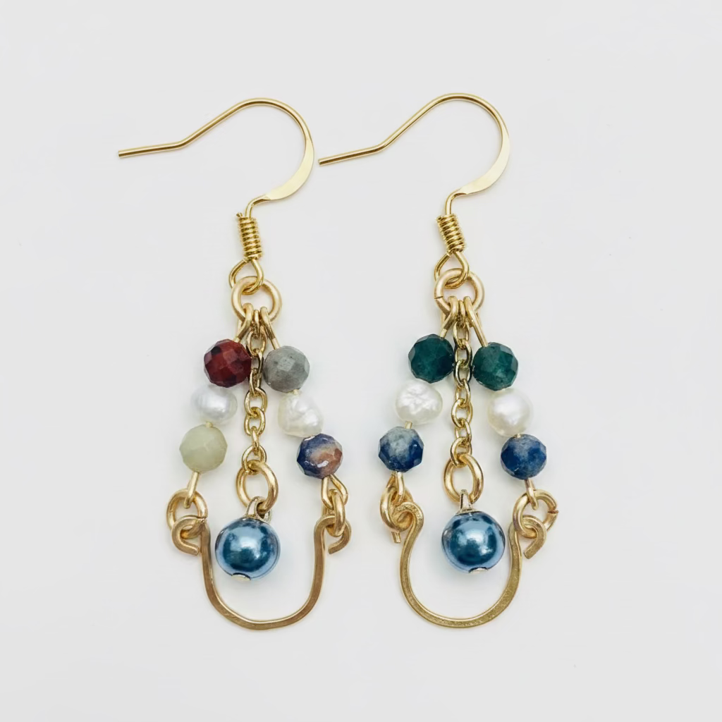 Gold Chandelier Earrings with Bell & Bloodstone Beads