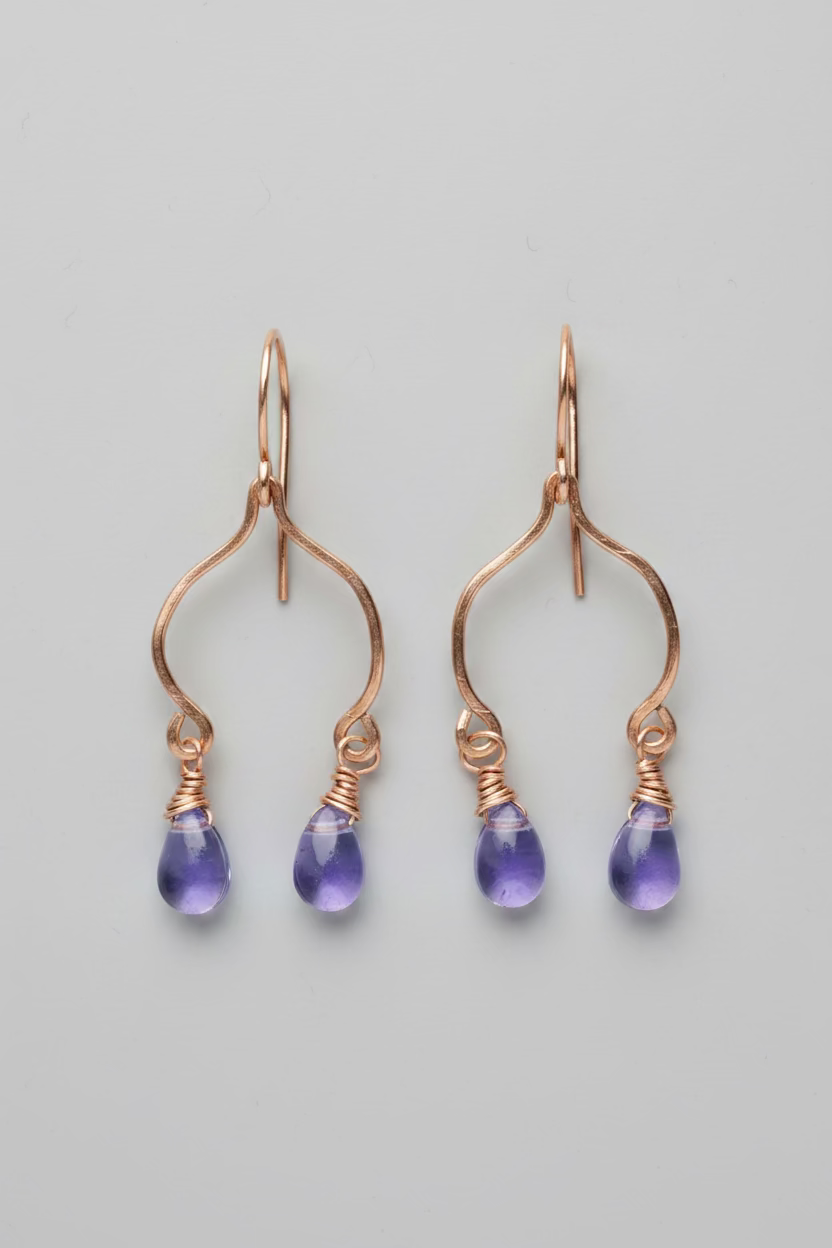 Hammered Copper Indian Dangle Earrings with Lavender Teardrop
