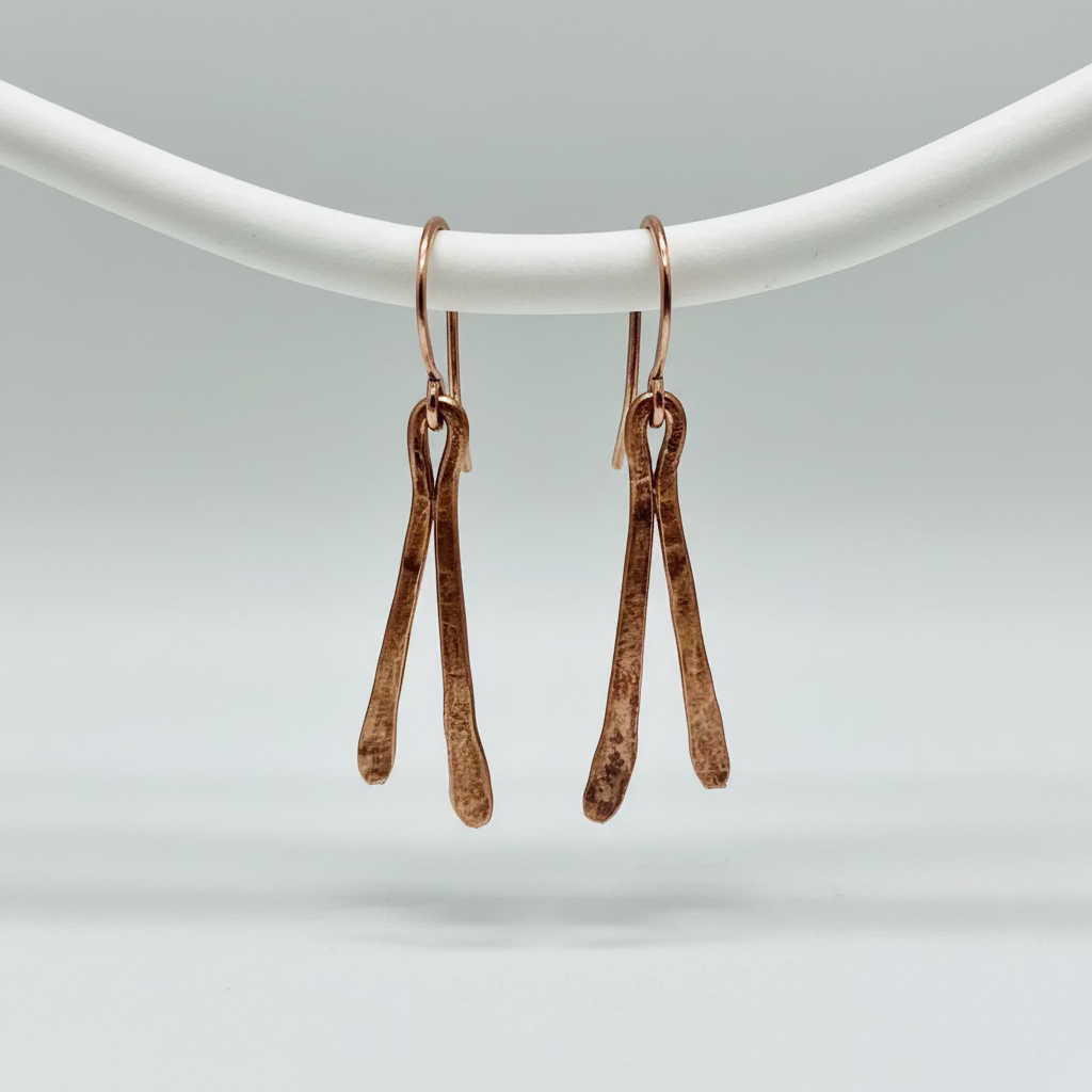 V Shaped Oxidized Hammered Copper Dangle Earrings