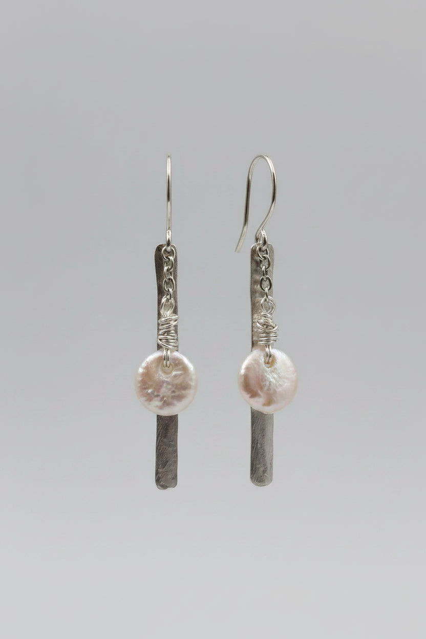 Sterling Silver Chain Dangle Earrings with Natural Pearl — .925 Silver
