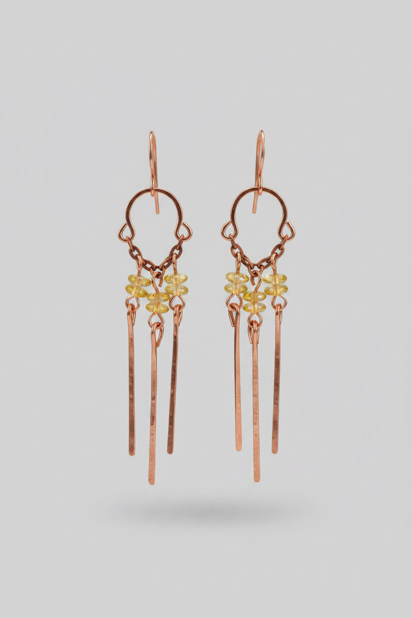 Hammered Copper Chandelier Dangle Earrings with Autumn Beads