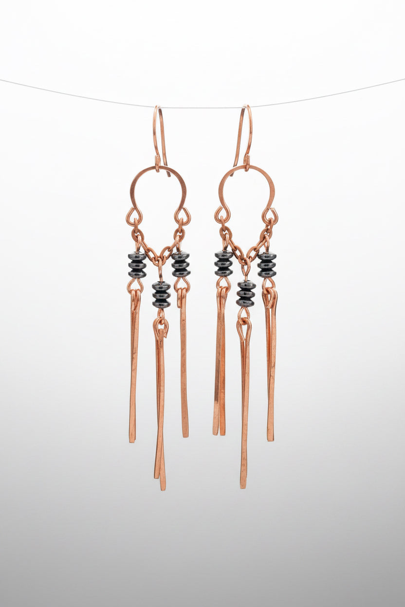 Chandelier Dangle Earrings with Black Beads & Copper Pendulum