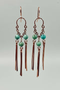 Hammered Copper Chandelier Dangle Earrings with Jade Beads & Copper Pendulums