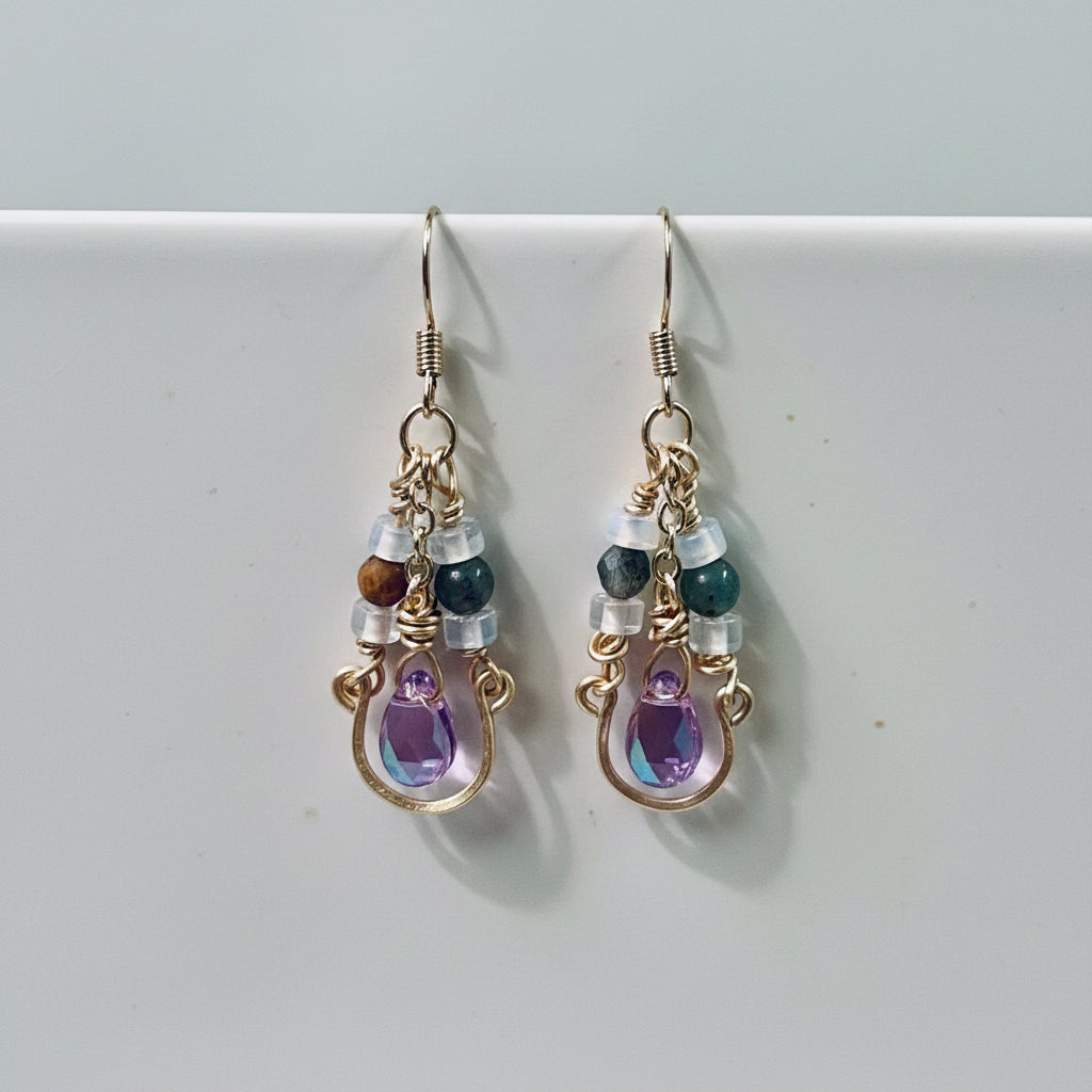 14K Gold Filled Dangle Earrings — Bloodstone, Iridescent & Lavender Crystal Beads