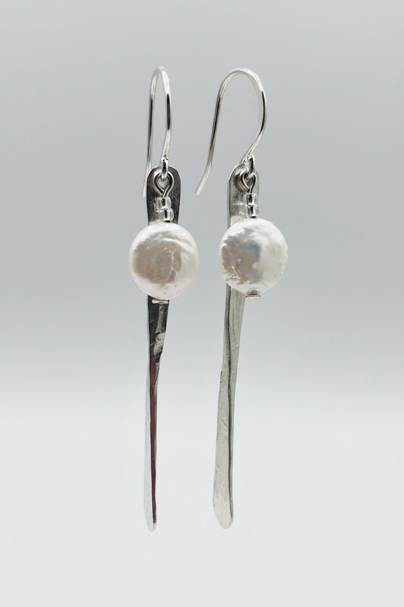 Sterling Silver Propeller Dangle Earrings with Natural Pearl — .925 Silver