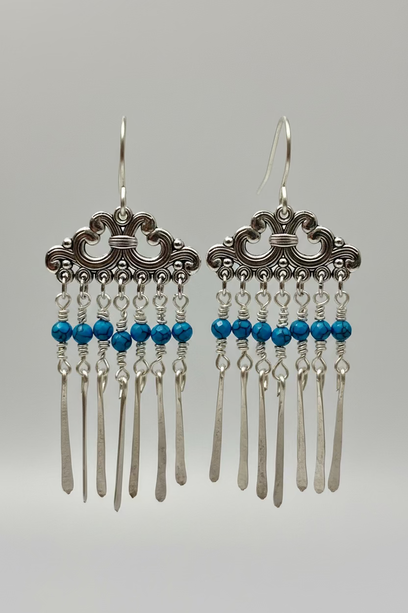 Turquoise & Silver Tibetan Charm Dangle Earrings