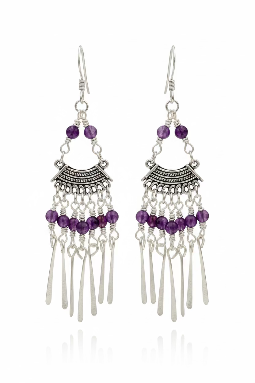 Amethyst & Tibetan Charm Boho Dangle Earrings